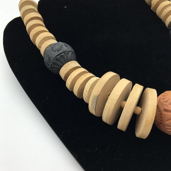 Chunky Red (Terra Cotta) & Black Clay & Wooden Disc Bead Statement Necklace - Picture 5 of 13